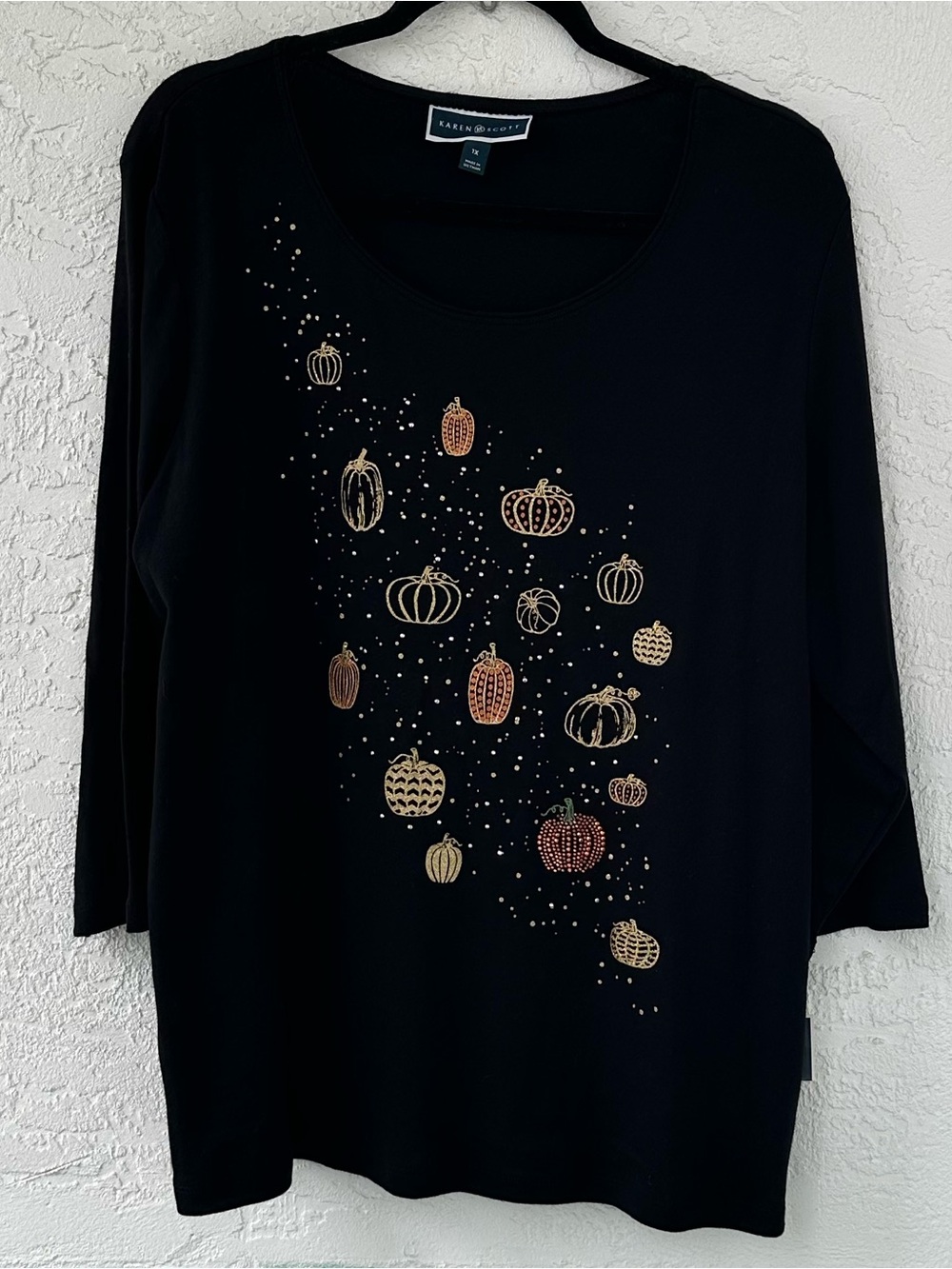 Karen Scott Pumpkin Cotton Autumn Harvest Embellished Top 1X NWT - Picture 4 of 9